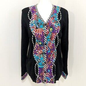 Koos Of Course! Black Cardigan Sweater w/ Colorful Silk Print Appliques